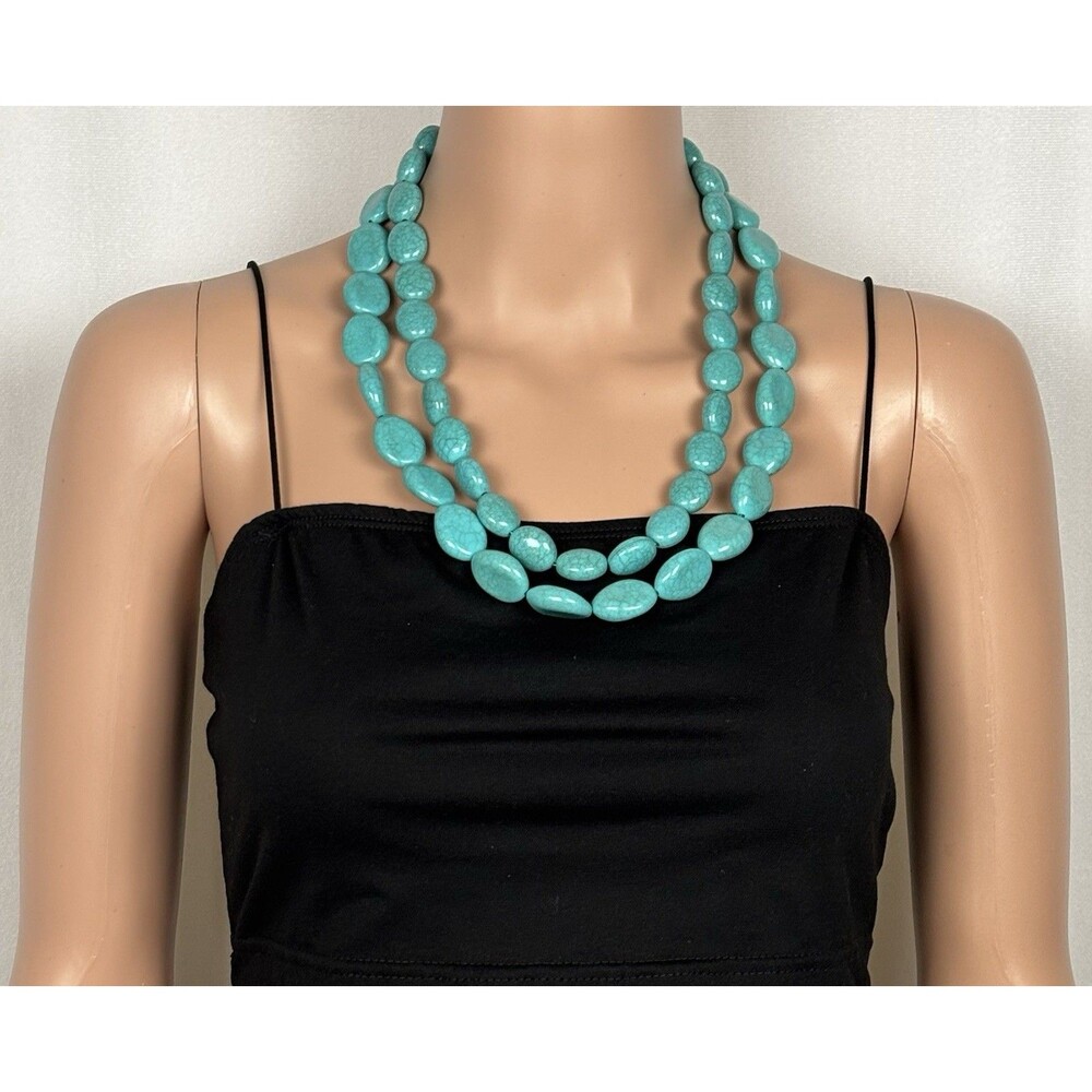 Chunky Faux Turquoise 2-Strand Bib Necklace Silver Tone Extender 24"
